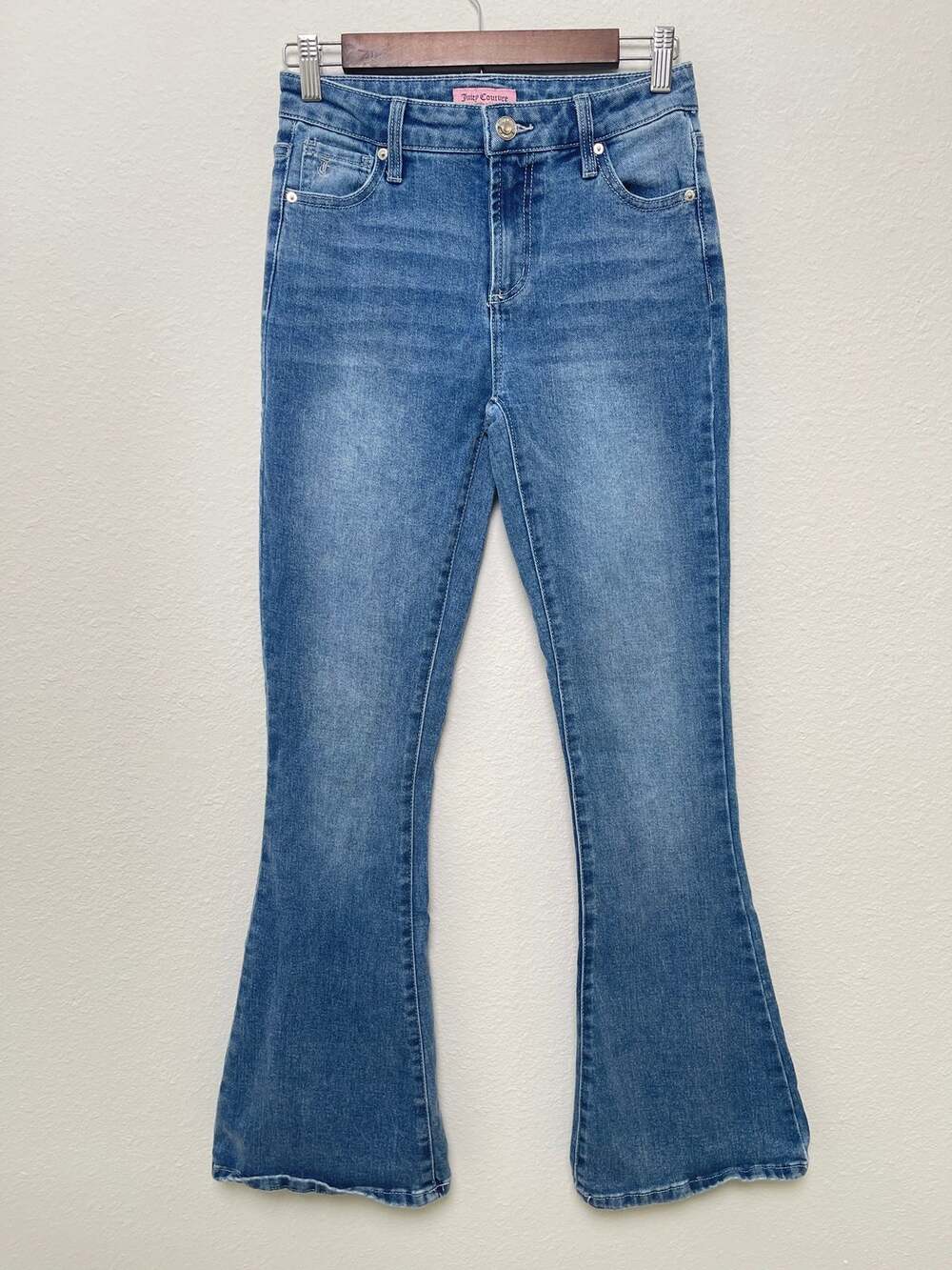 Juicy Couture Womens Flare Jeans 1/25 Blue Denim Rhinestone Logo Y2K Bling